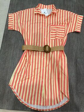NWT Size small Wenrine Striped Button-Down Shirt Dress in Coral Cream with belt